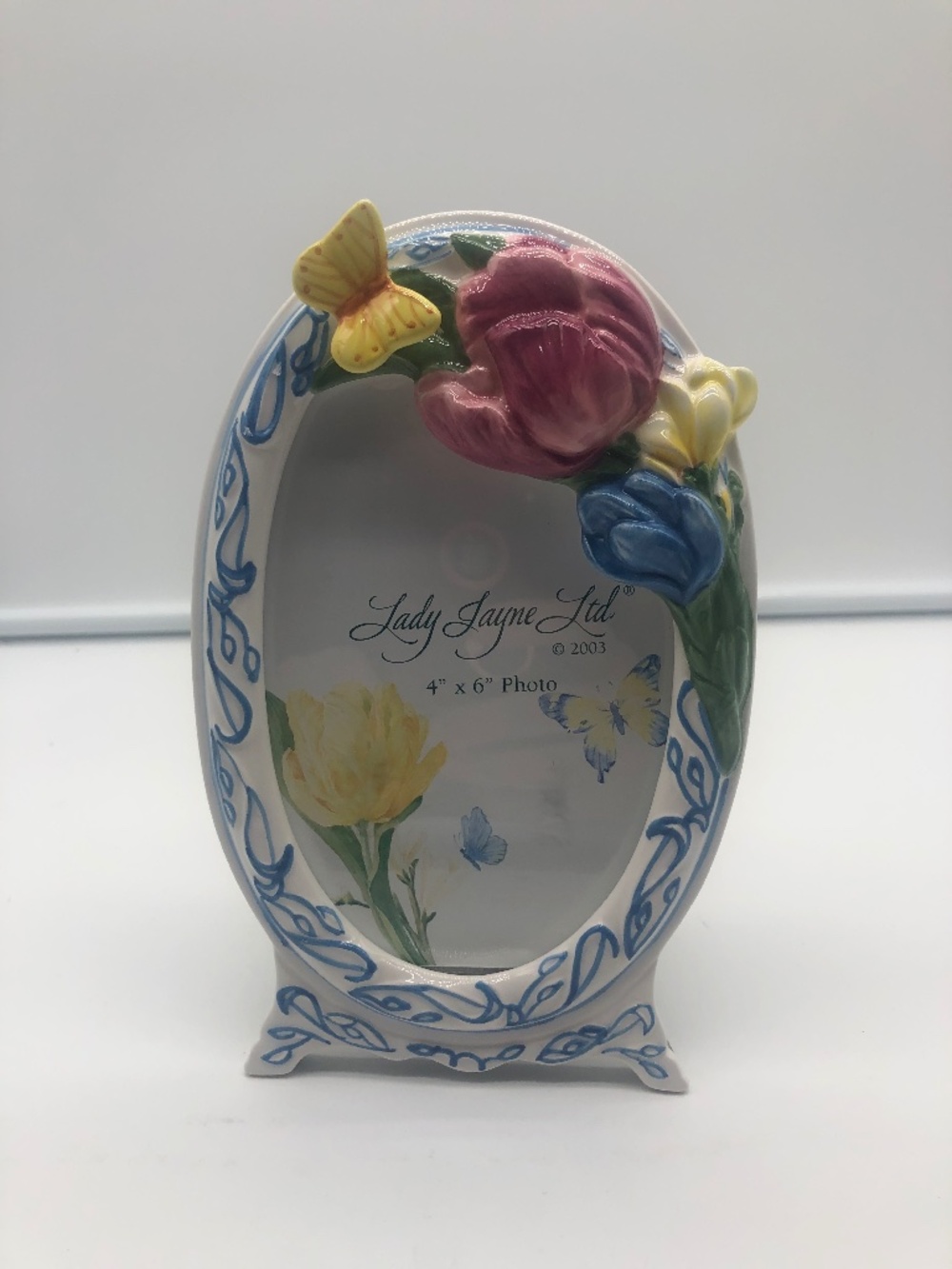 2003 Lady Jayne Ltd  FLOWERS & BUTTERFLY Design Ceramic 4x6" Photo Frame - New!